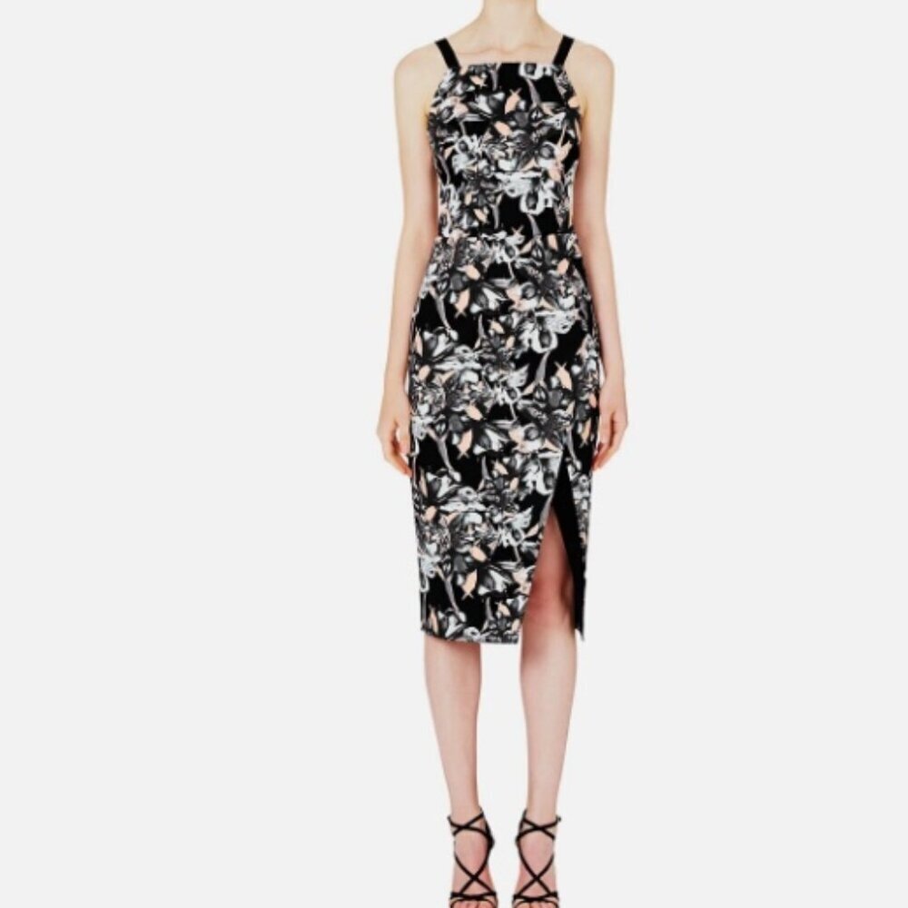 Rebecca Vallance Black Floral Print Sheath Dress Party High Neck Size 6 Women's